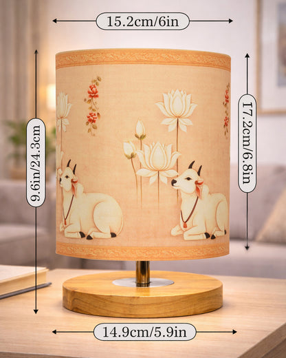 Pine Wooden Table Lamp for Bedroom, Indian Art Linen Cylinder Shade Bedside Lamp, Mini Desk Nightstand Lamp for Living Room Decoration, Home Décor & Gift, Warm Ambient Light