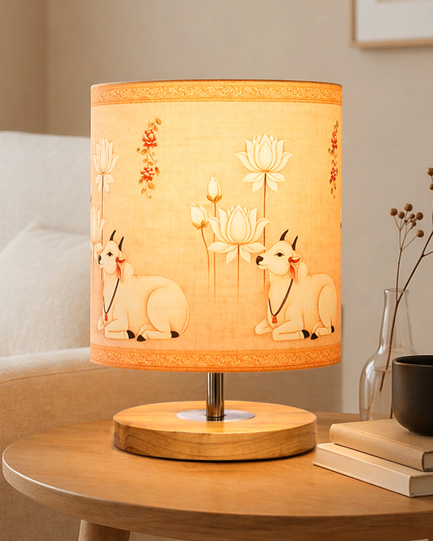Pine Wooden Table Lamp for Bedroom, Indian Art Linen Cylinder Shade Bedside Lamp, Mini Desk Nightstand Lamp for Living Room Decoration, Home Décor & Gift, Warm Ambient Light