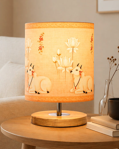 Pine Wooden Table Lamp for Bedroom, Indian Art Linen Cylinder Shade Bedside Lamp, Mini Desk Nightstand Lamp for Living Room Decoration, Home Décor & Gift, Warm Ambient Light