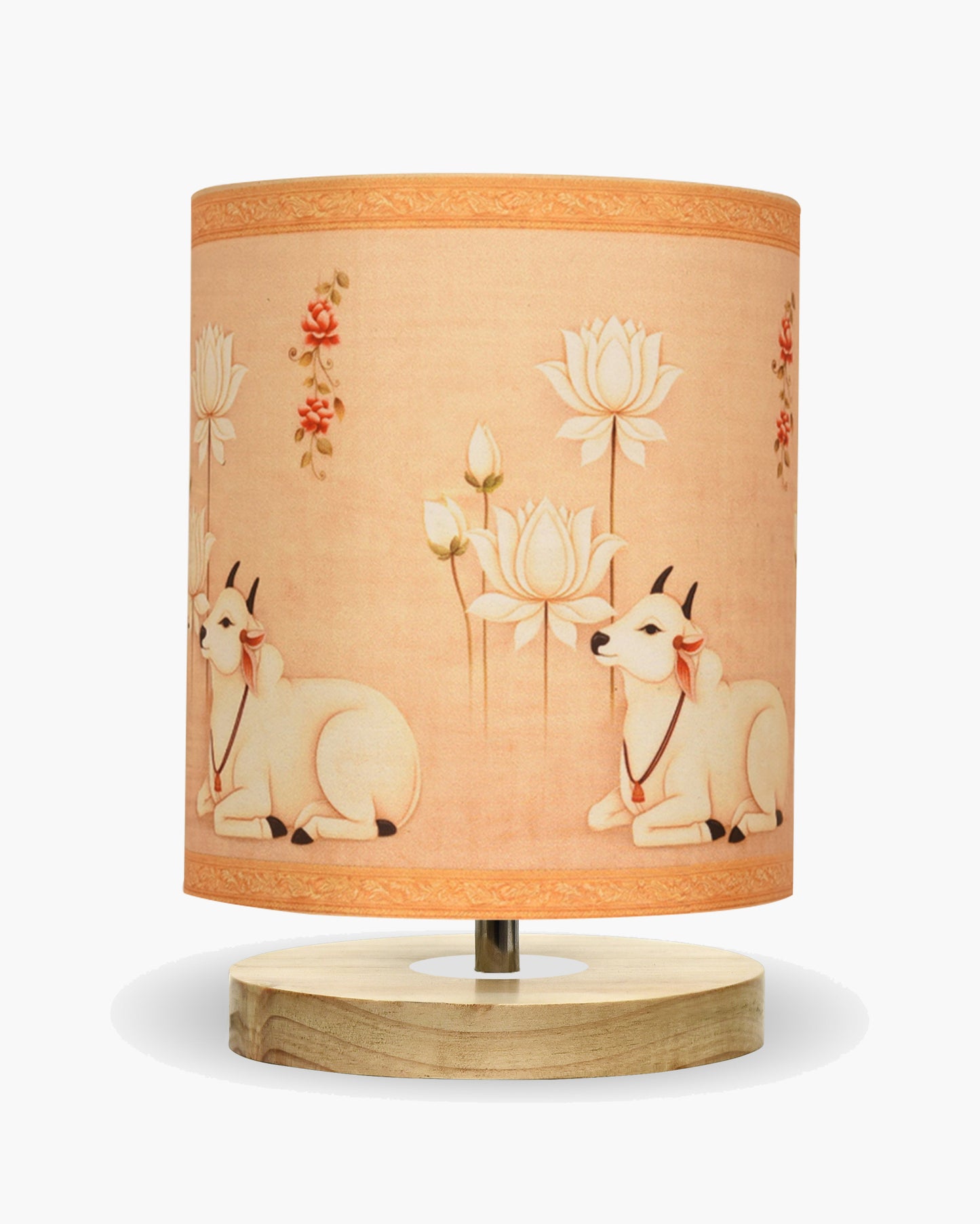 Pine Wooden Table Lamp for Bedroom, Indian Art Linen Cylinder Shade Bedside Lamp, Mini Desk Nightstand Lamp for Living Room Decoration, Home Décor & Gift, Warm Ambient Light