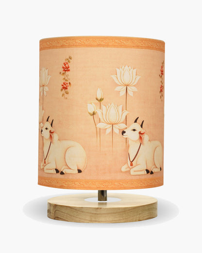 Pine Wooden Table Lamp for Bedroom, Indian Art Linen Cylinder Shade Bedside Lamp, Mini Desk Nightstand Lamp for Living Room Decoration, Home Décor & Gift, Warm Ambient Light