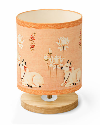Pine Wooden Table Lamp for Bedroom, Indian Art Linen Cylinder Shade Bedside Lamp, Mini Desk Nightstand Lamp for Living Room Decoration, Home Décor & Gift, Warm Ambient Light
