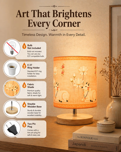 Pine Wooden Table Lamp for Bedroom, Indian Art Linen Cylinder Shade Bedside Lamp, Mini Desk Nightstand Lamp for Living Room Decoration, Home Décor & Gift, Warm Ambient Light