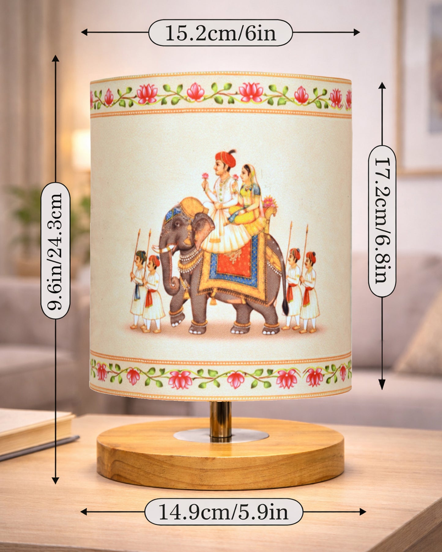 Pine Wooden Table Lamp for Bedroom, Indian Art Linen Cylinder Shade Bedside Lamp, Mini Desk Nightstand Lamp for Living Room Decoration, Home Décor & Gift, Warm Ambient Light