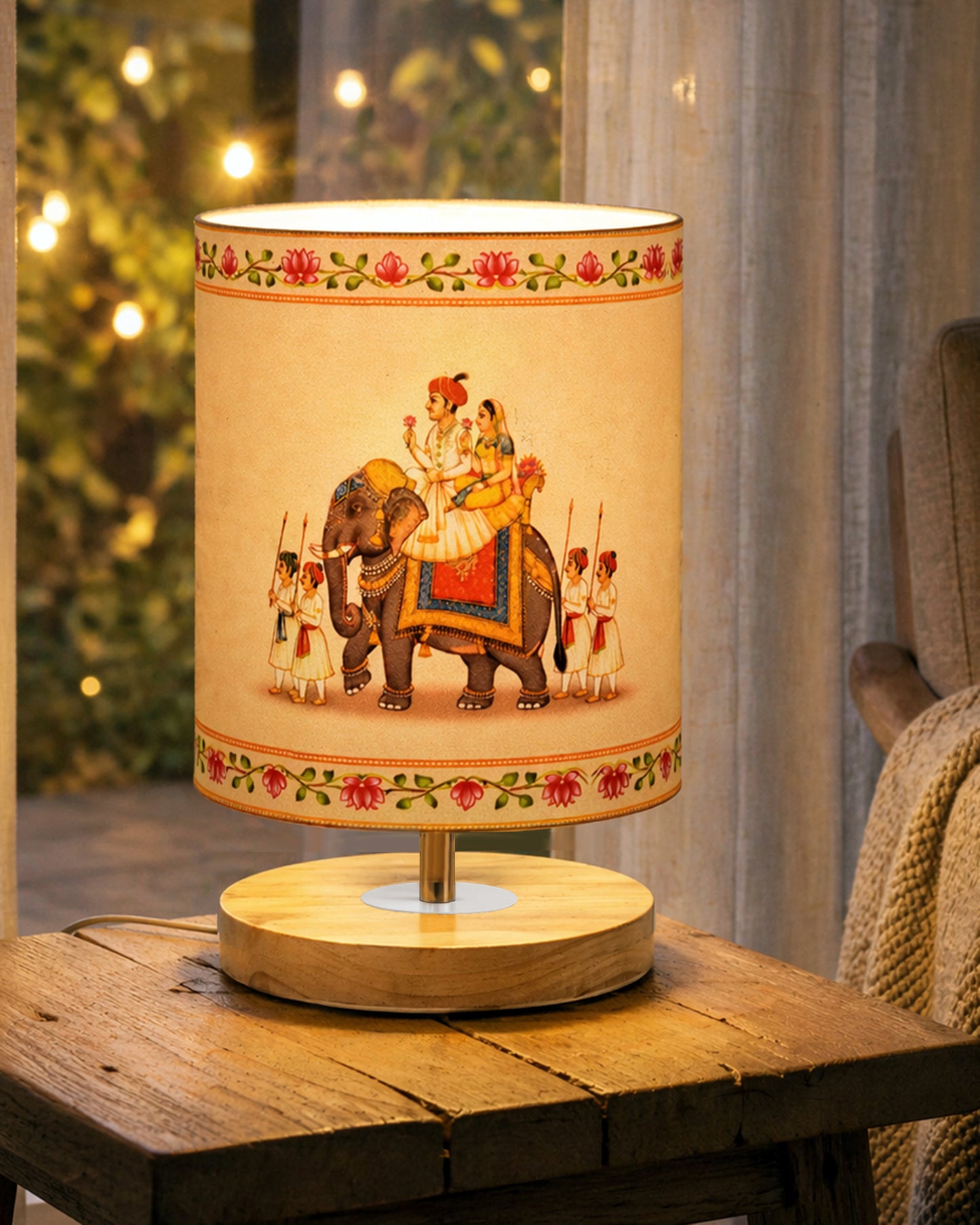 Pine Wooden Table Lamp for Bedroom, Indian Art Linen Cylinder Shade Bedside Lamp, Mini Desk Nightstand Lamp for Living Room Decoration, Home Décor & Gift, Warm Ambient Light