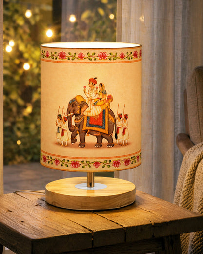 Pine Wooden Table Lamp for Bedroom, Indian Art Linen Cylinder Shade Bedside Lamp, Mini Desk Nightstand Lamp for Living Room Decoration, Home Décor & Gift, Warm Ambient Light
