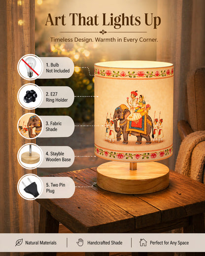 Pine Wooden Table Lamp for Bedroom, Indian Art Linen Cylinder Shade Bedside Lamp, Mini Desk Nightstand Lamp for Living Room Decoration, Home Décor & Gift, Warm Ambient Light