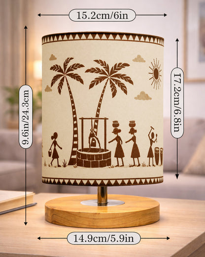 Pine Wooden Table Lamp for Bedroom, Indian Art Linen Cylinder Shade Bedside Lamp, Mini Desk Nightstand Lamp for Living Room Decoration, Home Décor & Gift, Warm Ambient Light