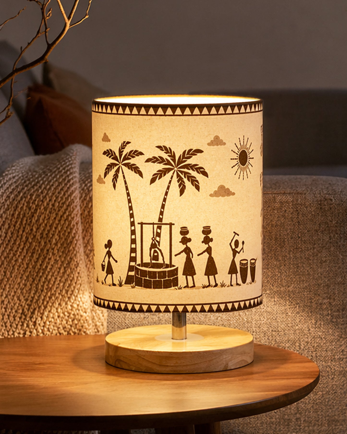 Pine Wooden Table Lamp for Bedroom, Indian Art Linen Cylinder Shade Bedside Lamp, Mini Desk Nightstand Lamp for Living Room Decoration, Home Décor & Gift, Warm Ambient Light