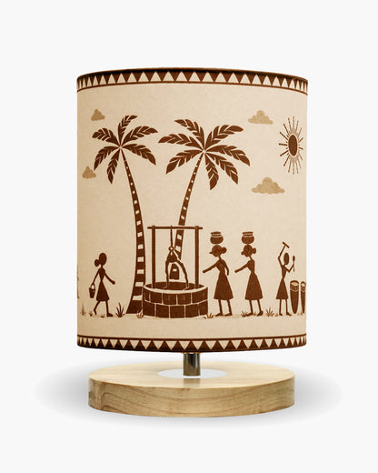 Pine Wooden Table Lamp for Bedroom, Indian Art Linen Cylinder Shade Bedside Lamp, Mini Desk Nightstand Lamp for Living Room Decoration, Home Décor & Gift, Warm Ambient Light