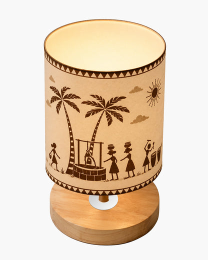 Pine Wooden Table Lamp for Bedroom, Indian Art Linen Cylinder Shade Bedside Lamp, Mini Desk Nightstand Lamp for Living Room Decoration, Home Décor & Gift, Warm Ambient Light