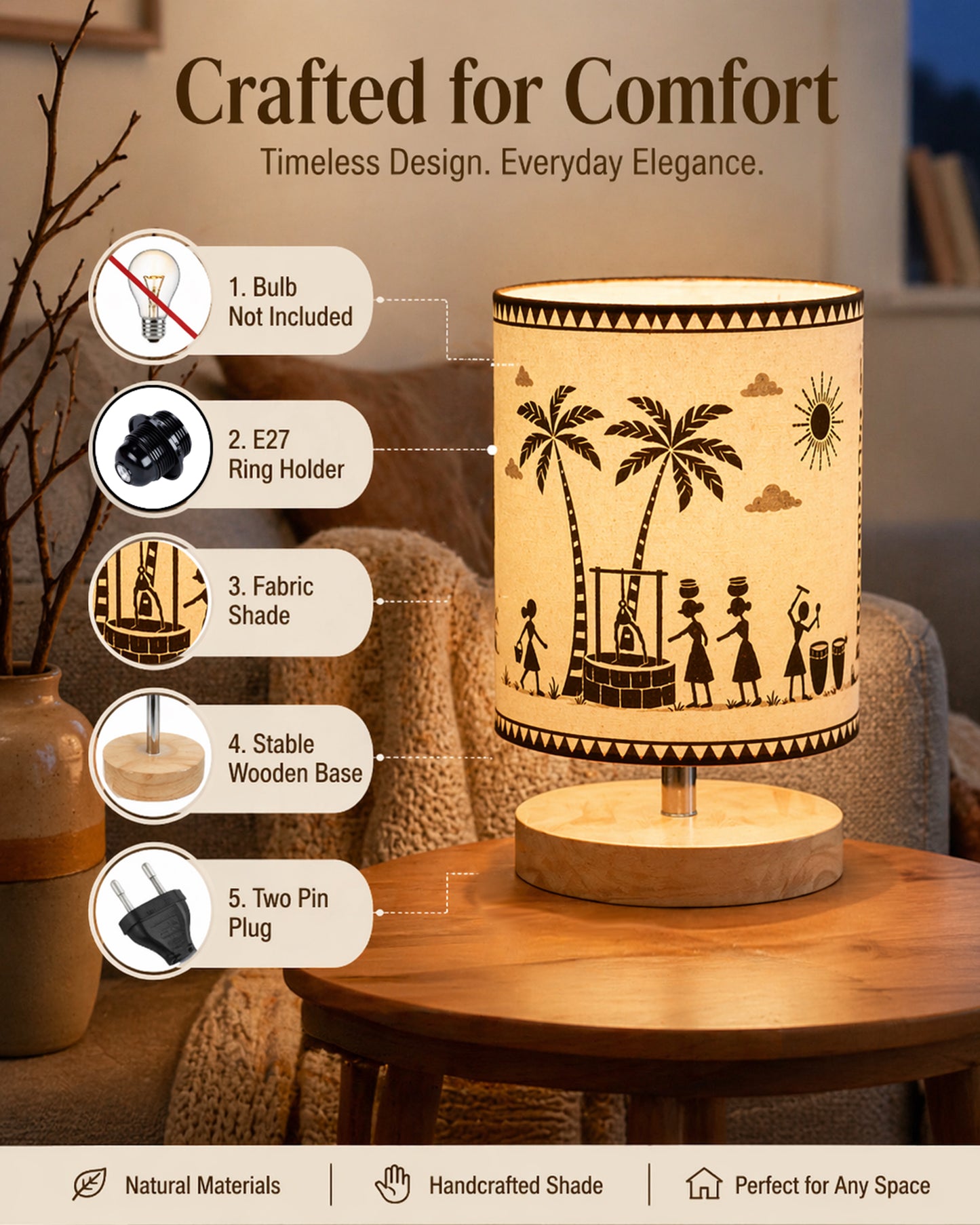 Pine Wooden Table Lamp for Bedroom, Indian Art Linen Cylinder Shade Bedside Lamp, Mini Desk Nightstand Lamp for Living Room Decoration, Home Décor & Gift, Warm Ambient Light