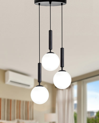 Chandelier Pendant Light, Retro Industrial Style Nordic Glass Hanging Ceiling Creative Bar Counter Decoration Restaurant Black Lighting with Metal Tube, Frosty Globe