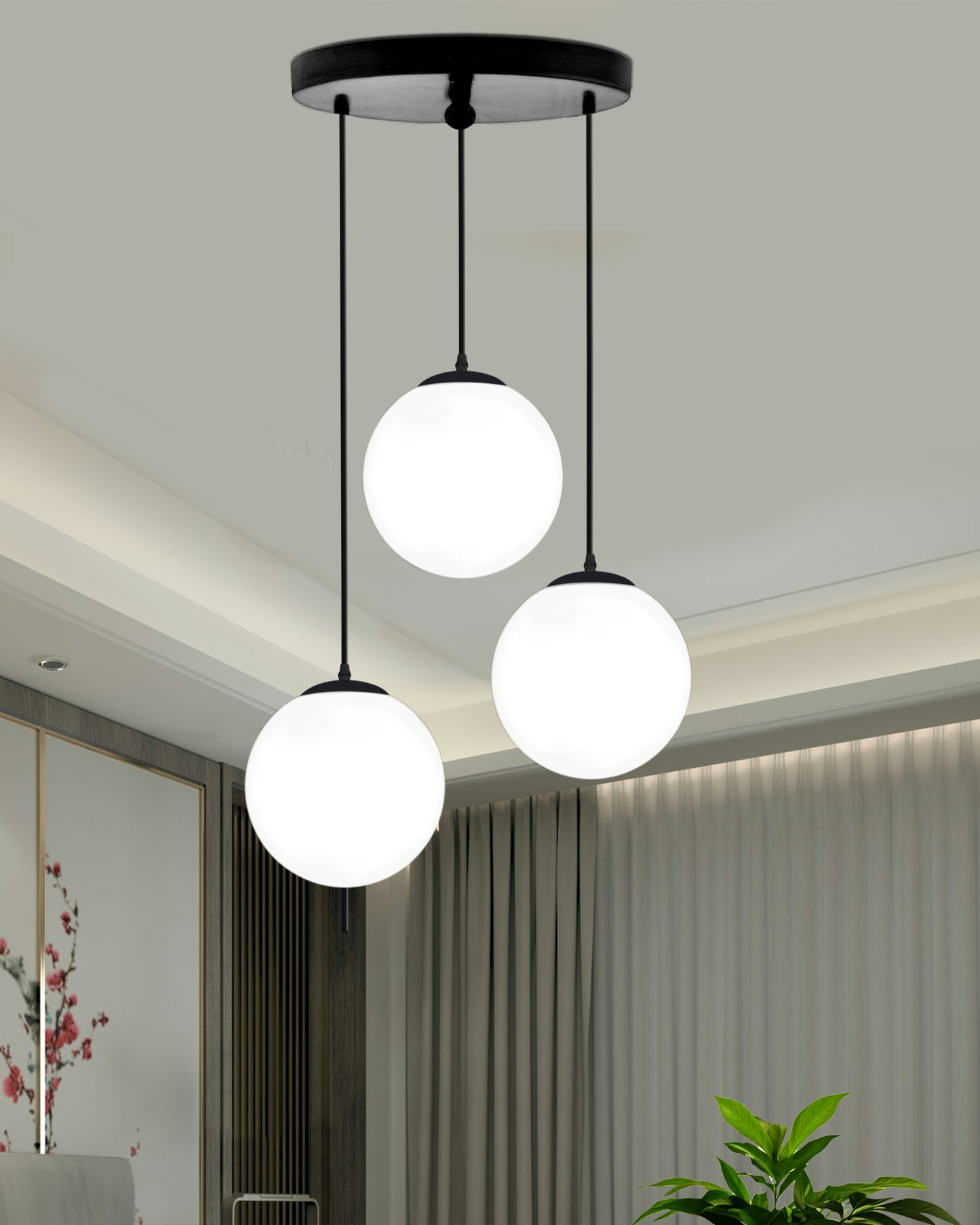Chandelier Pendant Light, Retro Industrial Style Nordic Glass Hanging Ceiling Creative Bar Counter Decoration Restaurant Black Lighting with Metal Tube, Frosty Globe