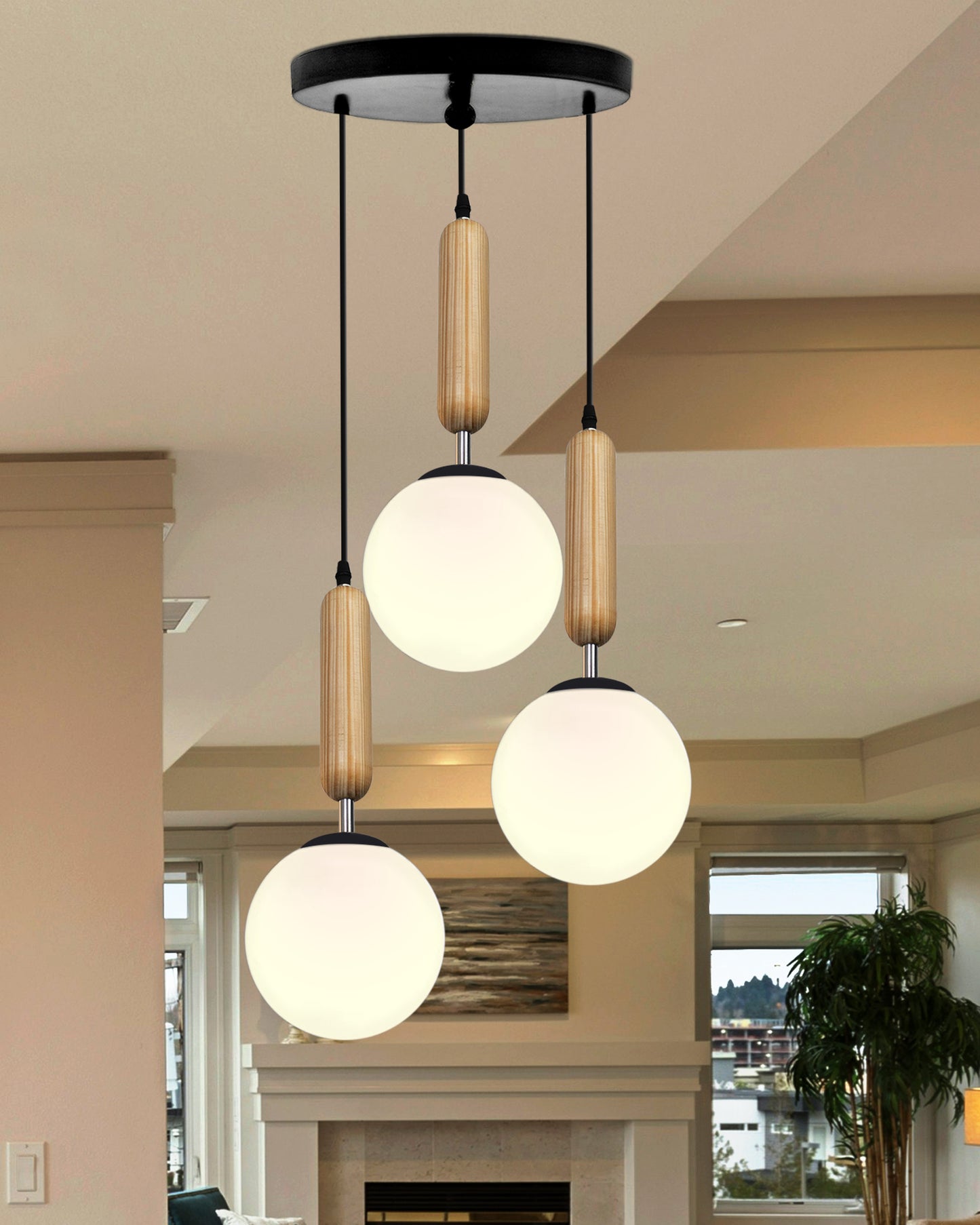 Chandelier Pendant Light, Retro Industrial Style Nordic Glass Hanging Ceiling Creative Bar Counter Decoration Restaurant Black Lighting with Metal Tube, Frosty Globe
