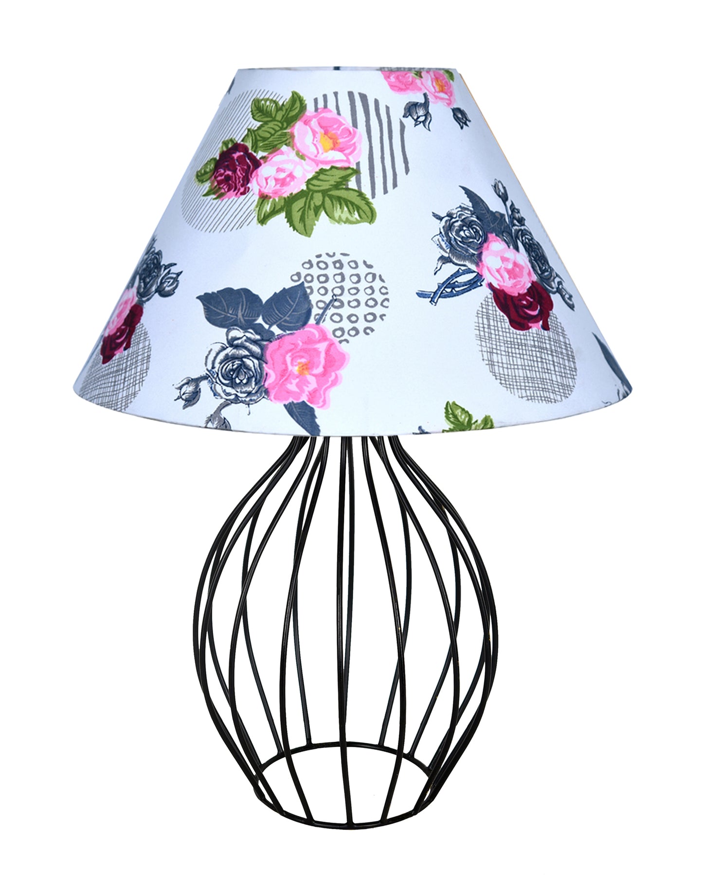 Black Bedside Table Lamp,Small Nightstand Lamp for Bedroom,Modern Desk Lamp with Fabric Shade Geometric Metal Base for Living Room Study Office Farmhouse, Wire Trumpet, Hibiscus Cone
