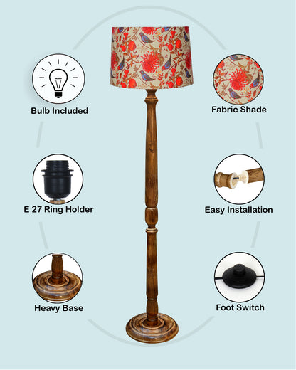Rustic Wood Floor Lamp in Walnut Brown with Multicolor Fabric Lamp Shade | Light Decoration for Home Corner | Living Room & Bedroom Bedside Floor Lamp, Antique Floor Light, Hurricane, Bird