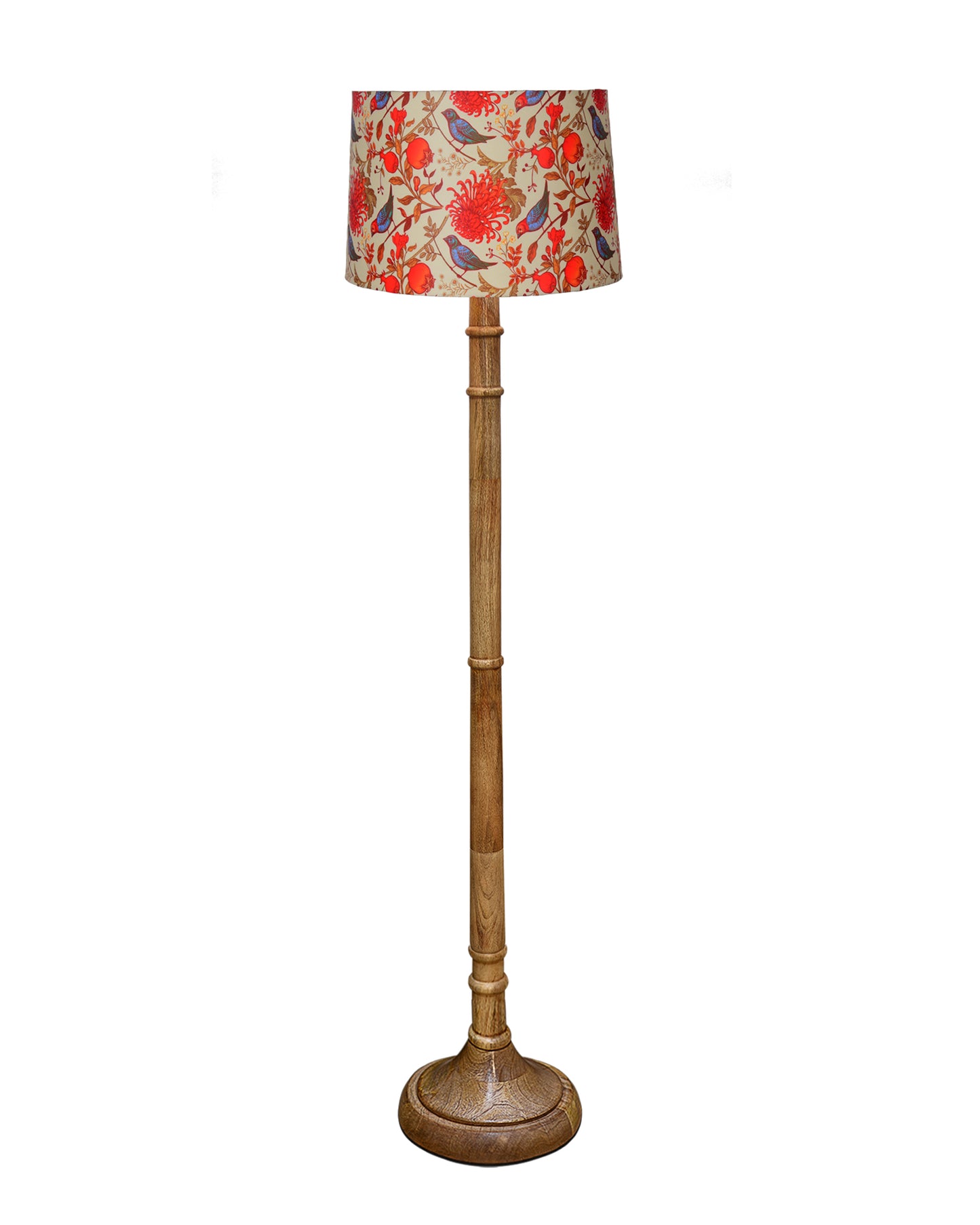 Rustic Wood Floor Lamp in Walnut Brown with Multicolor Fabric Lamp Shade | Light Decoration for Home Corner | Living Room & Bedroom Bedside Floor Lamp, Antique Floor Light, Dome Base, Bird