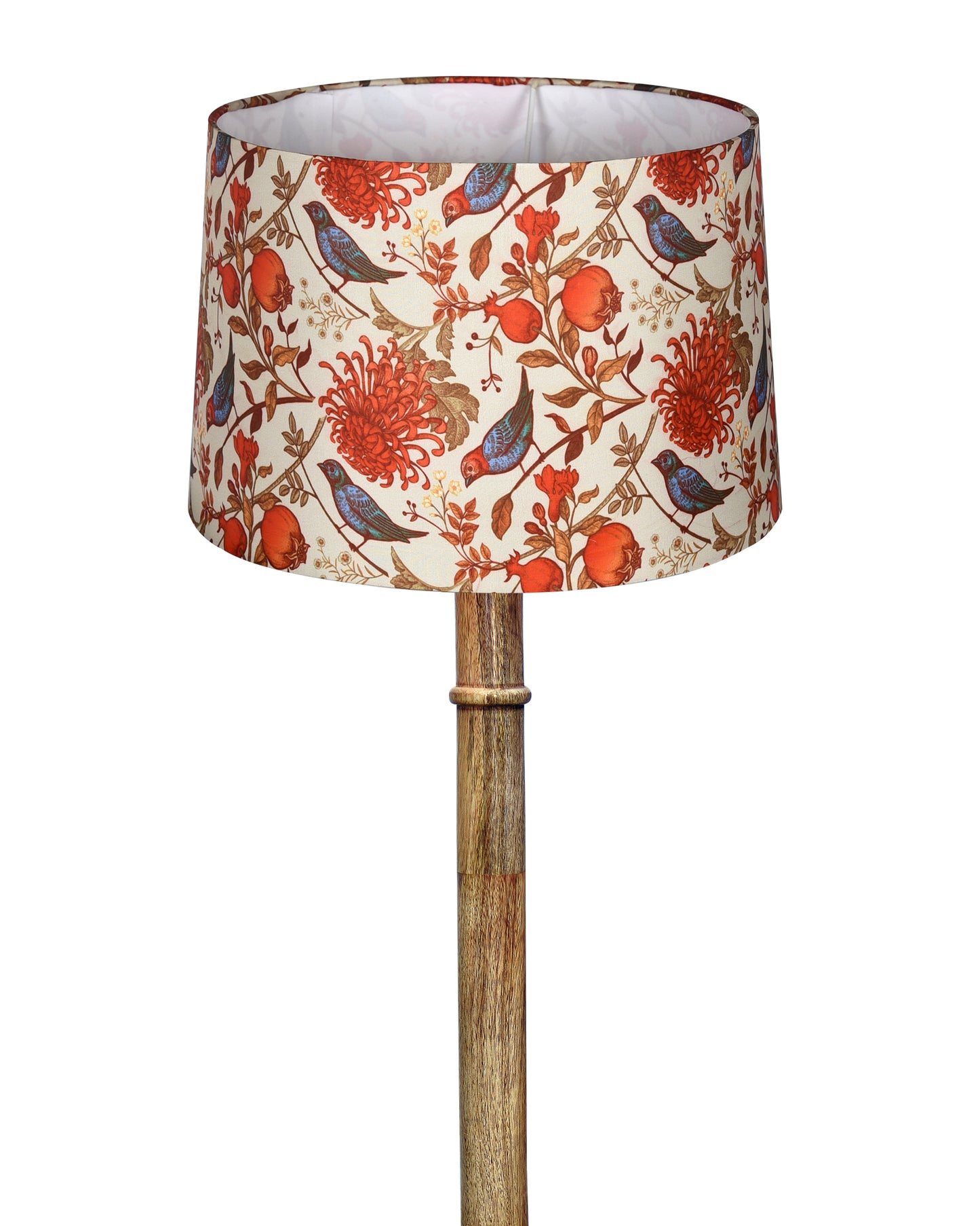 Rustic Wood Floor Lamp in Walnut Brown with Multicolor Fabric Lamp Shade | Light Decoration for Home Corner | Living Room & Bedroom Bedside Floor Lamp, Antique Floor Light, Dome Base, Bird