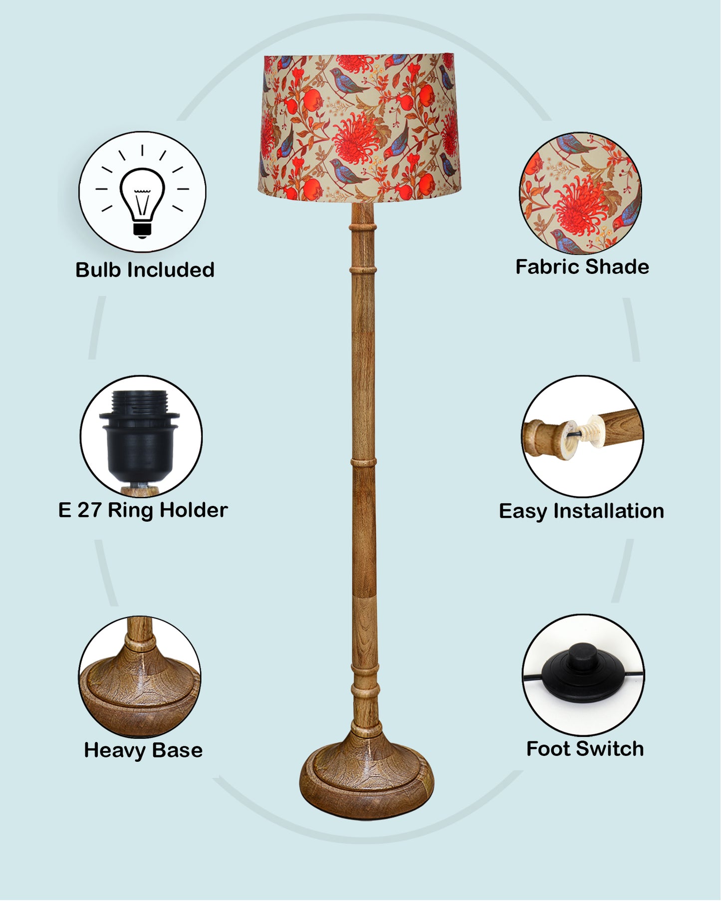 Rustic Wood Floor Lamp in Walnut Brown with Multicolor Fabric Lamp Shade | Light Decoration for Home Corner | Living Room & Bedroom Bedside Floor Lamp, Antique Floor Light, Dome Base, Bird