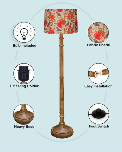 Rustic Wood Floor Lamp in Walnut Brown with Multicolor Fabric Lamp Shade | Light Decoration for Home Corner | Living Room & Bedroom Bedside Floor Lamp, Antique Floor Light, Dome Base, Bird