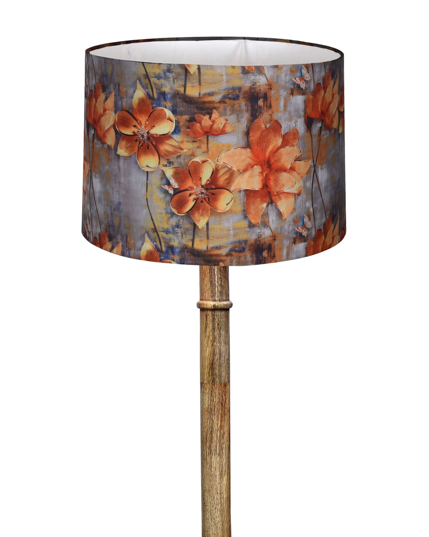 Rustic Wood Floor Lamp in Walnut Brown with Multicolor Fabric Lamp Shade | Light Decoration for Home Corner | Living Room & Bedroom Bedside Floor Lamp, Antique Floor Light, Dome Base, Bird