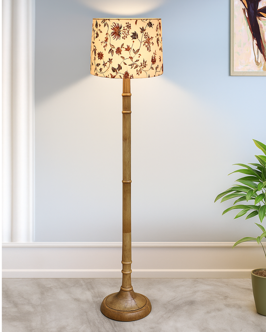Rustic Wood Floor Lamp in Walnut Brown with Multicolor Fabric Lamp Shade | Light Decoration for Home Corner | Living Room & Bedroom Bedside Floor Lamp, Antique Floor Light, Dome Base, Bird