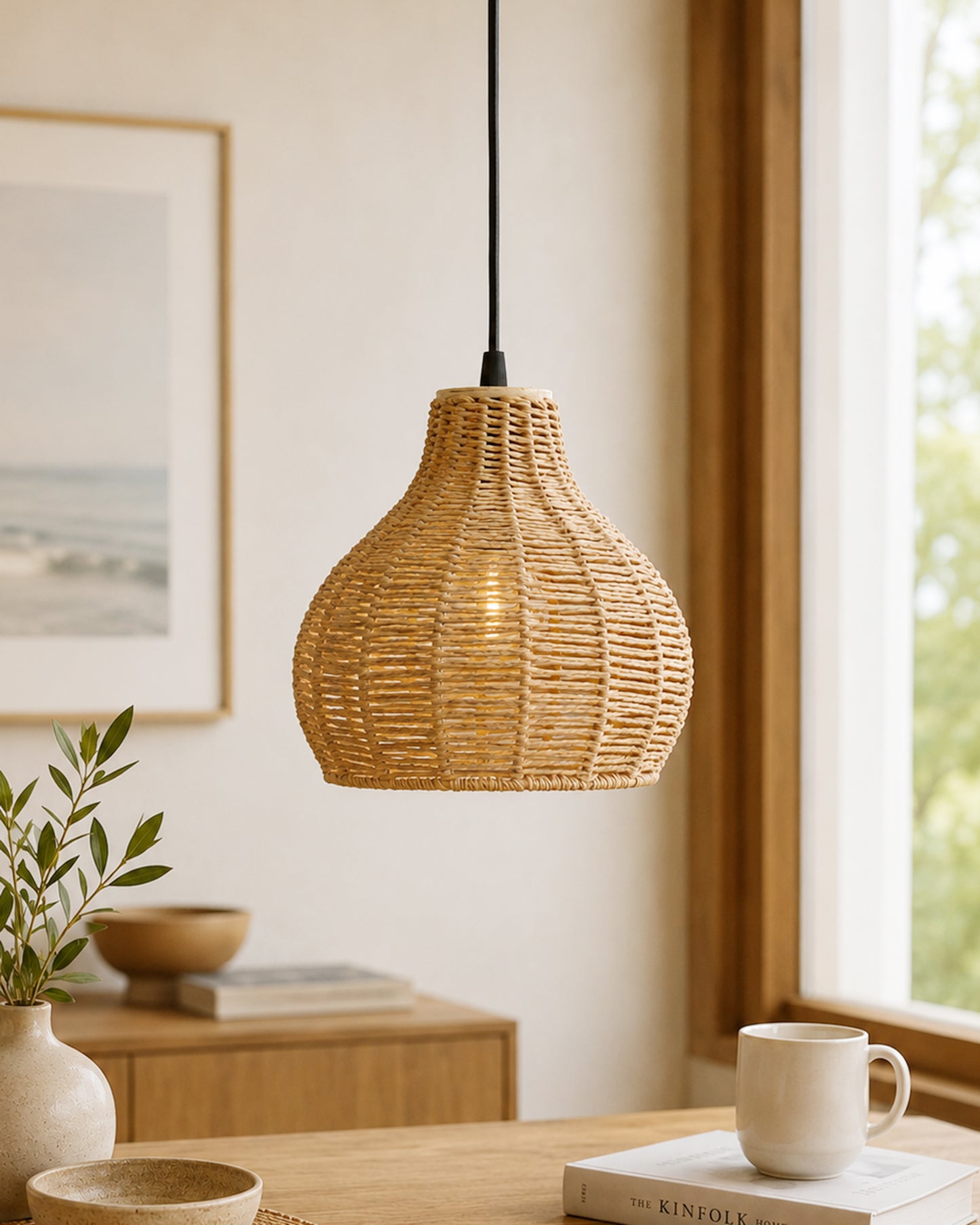 Seagrass Chandelier Hanging Lamp Natural Rattan Weaving Single Light Fixture Rustic Pendant Light for Kitchen Dining Room Restaurants Bars, Natural Texture, Bottle