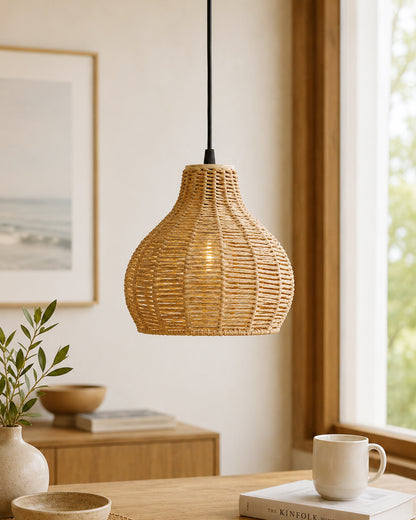 Seagrass Chandelier Hanging Lamp Natural Rattan Weaving Single Light Fixture Rustic Pendant Light for Kitchen Dining Room Restaurants Bars, Natural Texture, Bottle