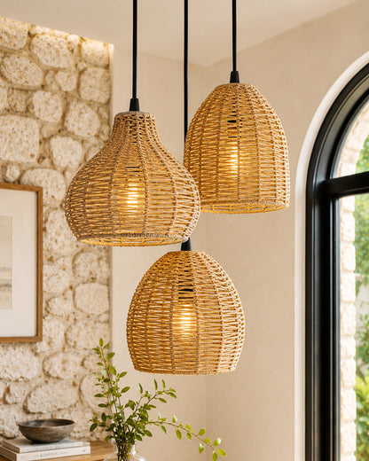 Seagrass Chandelier Hanging Lamp Natural Rattan Weaving Single Light Fixture Rustic Pendant Light for Kitchen Dining Room Restaurants Bars, Natural Texture, Bottle