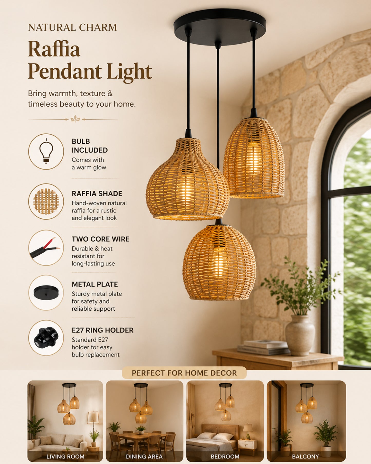 Seagrass Chandelier Hanging Lamp Natural Rattan Weaving Single Light Fixture Rustic Pendant Light for Kitchen Dining Room Restaurants Bars, Natural Texture, Bottle