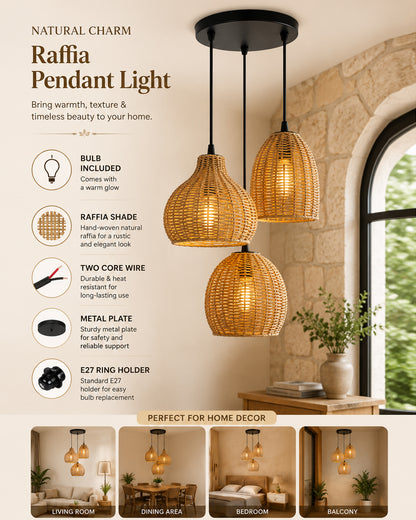 Seagrass Chandelier Hanging Lamp Natural Rattan Weaving Single Light Fixture Rustic Pendant Light for Kitchen Dining Room Restaurants Bars, Natural Texture, Bottle