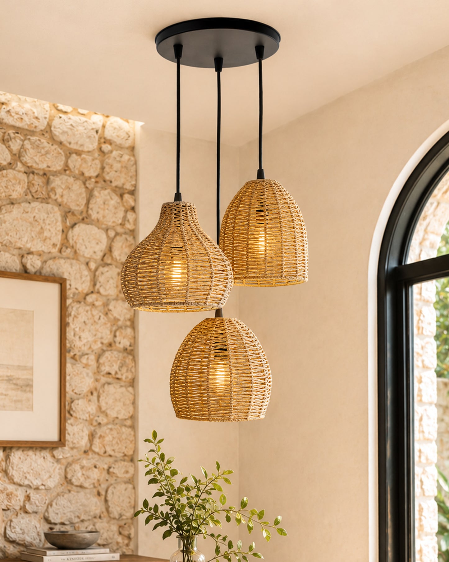 Seagrass Chandelier Hanging Lamp Natural Rattan Weaving Single Light Fixture Rustic Pendant Light for Kitchen Dining Room Restaurants Bars, Natural Texture, Bottle