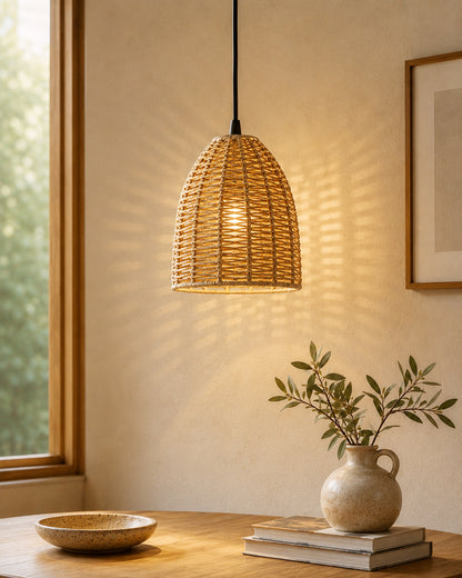 Seagrass Chandelier Hanging Lamp Natural Rattan Weaving Single Light Fixture Rustic Pendant Light for Kitchen Dining Room Restaurants Bars, Natural Texture, Bottle