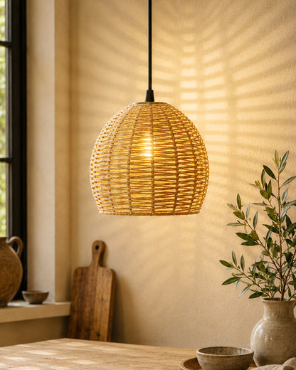 Seagrass Chandelier Hanging Lamp Natural Rattan Weaving Single Light Fixture Rustic Pendant Light for Kitchen Dining Room Restaurants Bars, Natural Texture, Bottle