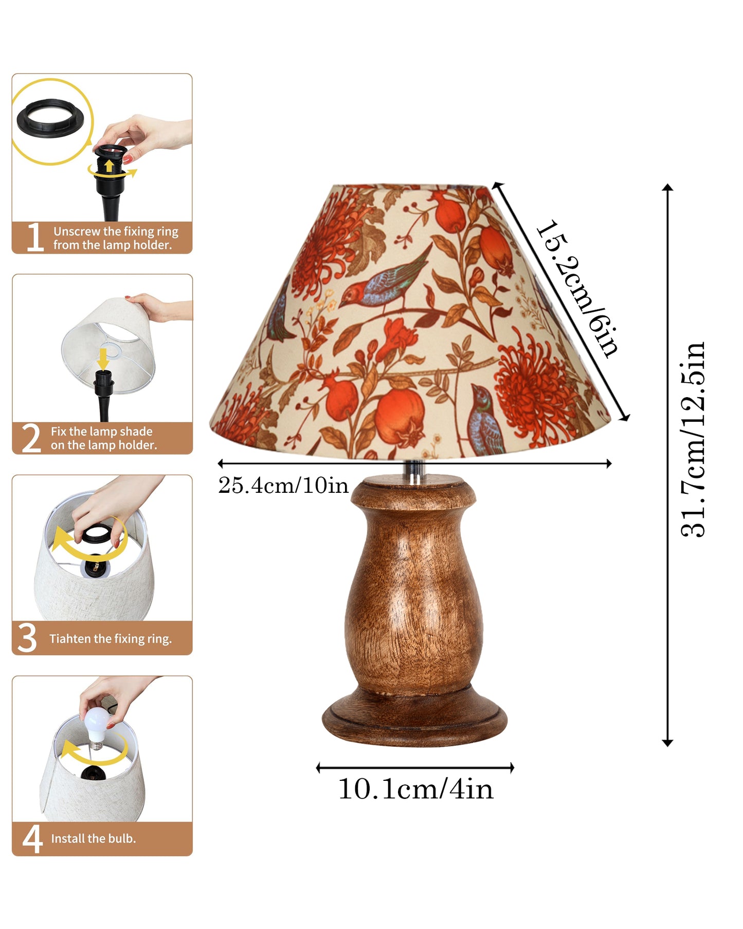 Mid Century Single Table Lamp for Living Room Farmhouse Linen Bedside Lamps for Bedroom Kids Room Dorm Office Mini-Guard, Walnut, Birds Cone