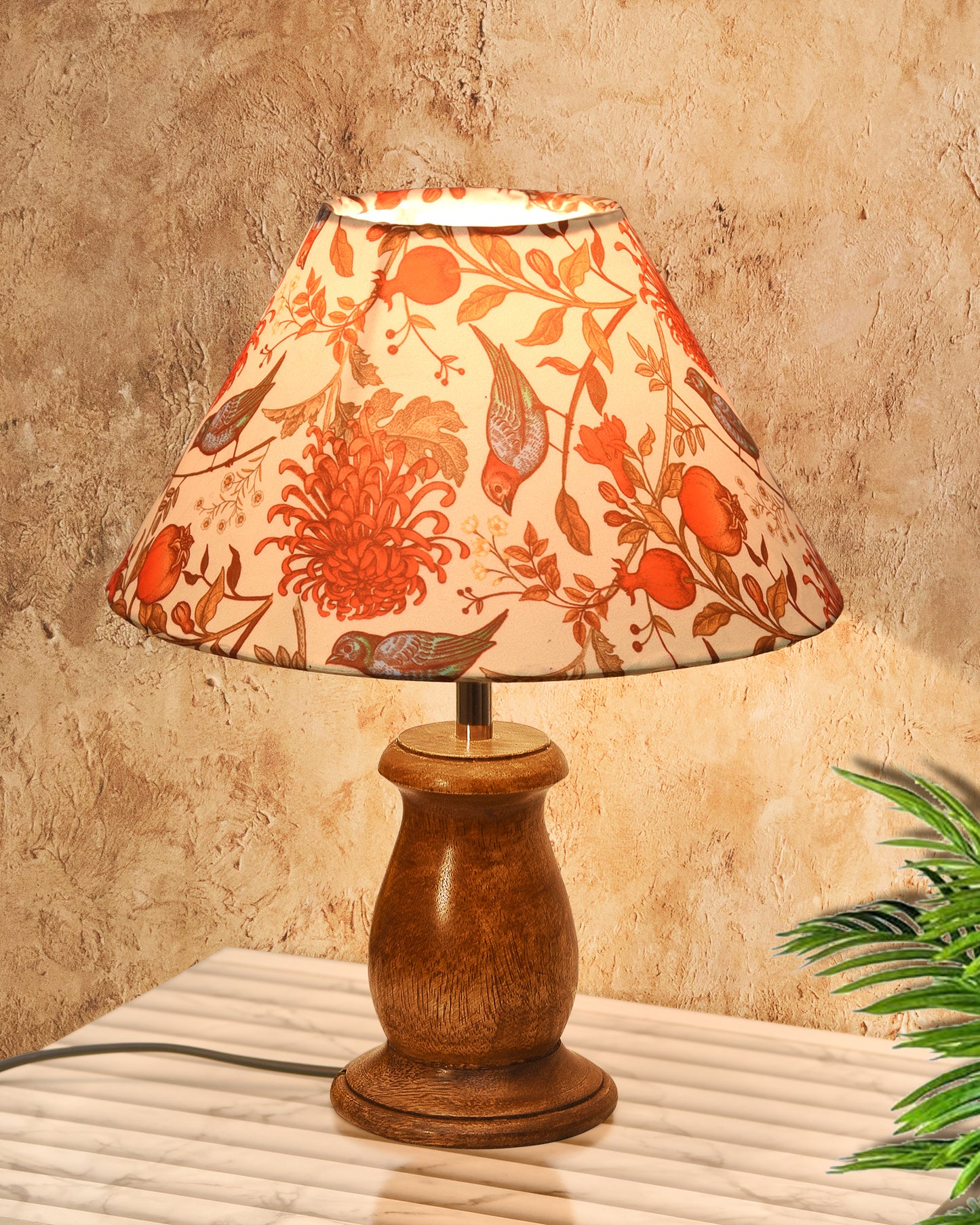 Mid Century Single Table Lamp for Living Room Farmhouse Linen Bedside Lamps for Bedroom Kids Room Dorm Office Mini-Guard, Walnut, Birds Cone