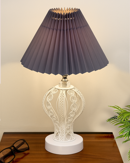 Modern Round Small Crystal Table Lamp,Contemporary Bedroom Bedside Nightstand Lamp,Desk Globe Lamp for Living Room Girls Kids Room, Strippy Vase , Grey Pleated