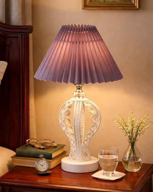 Modern Round Small Crystal Table Lamp,Contemporary Bedroom Bedside Nightstand Lamp,Desk Globe Lamp for Living Room Girls Kids Room, Strippy Vase , Grey Pleated
