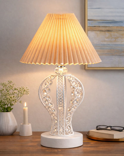 Modern Round Small Crystal Table Lamp,Contemporary Bedroom Bedside Nightstand Lamp,Desk Globe Lamp for Living Room Girls Kids Room, Strippy Vase , Grey Pleated