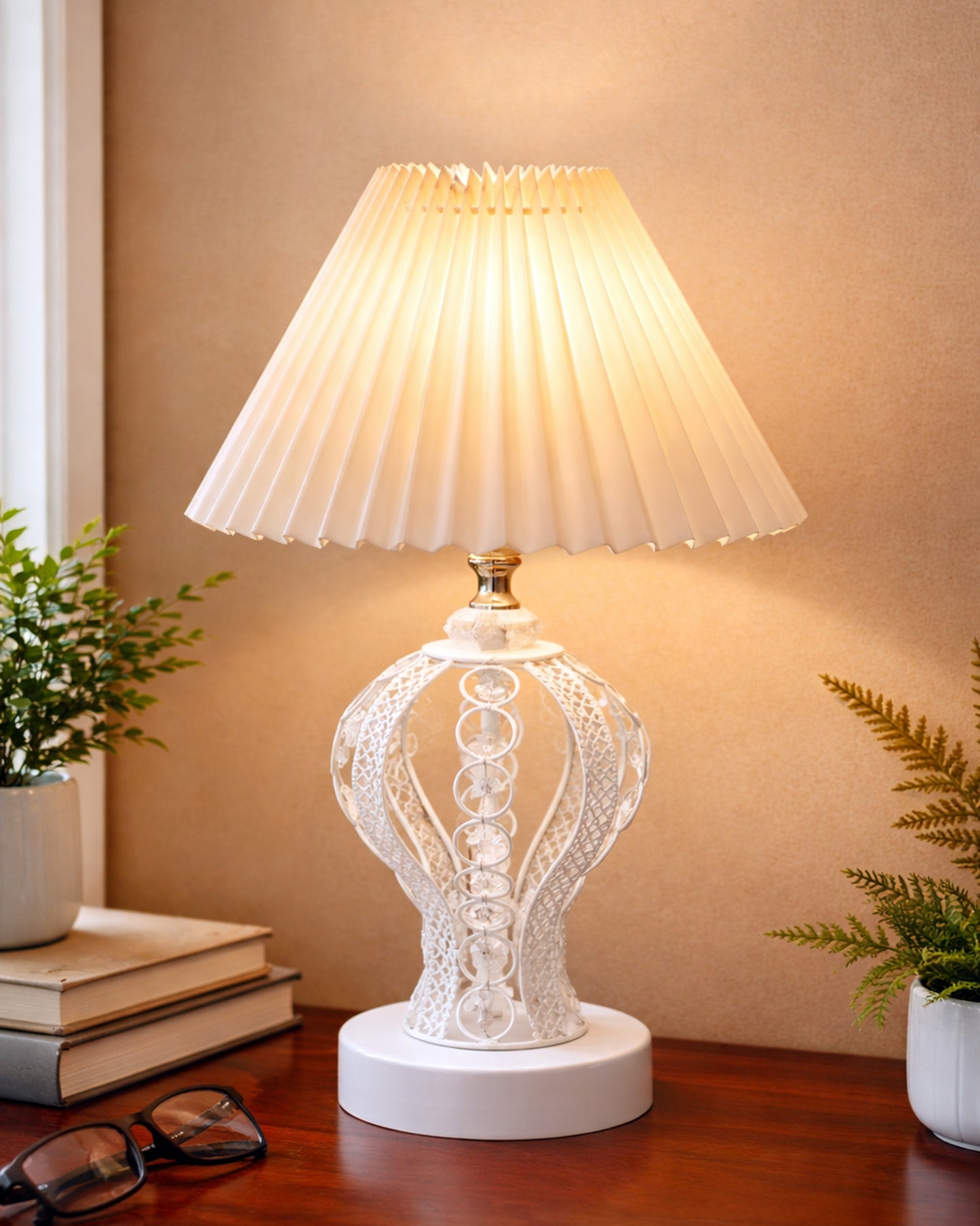 Modern Round Small Crystal Table Lamp,Contemporary Bedroom Bedside Nightstand Lamp,Desk Globe Lamp for Living Room Girls Kids Room, Strippy Vase , Grey Pleated