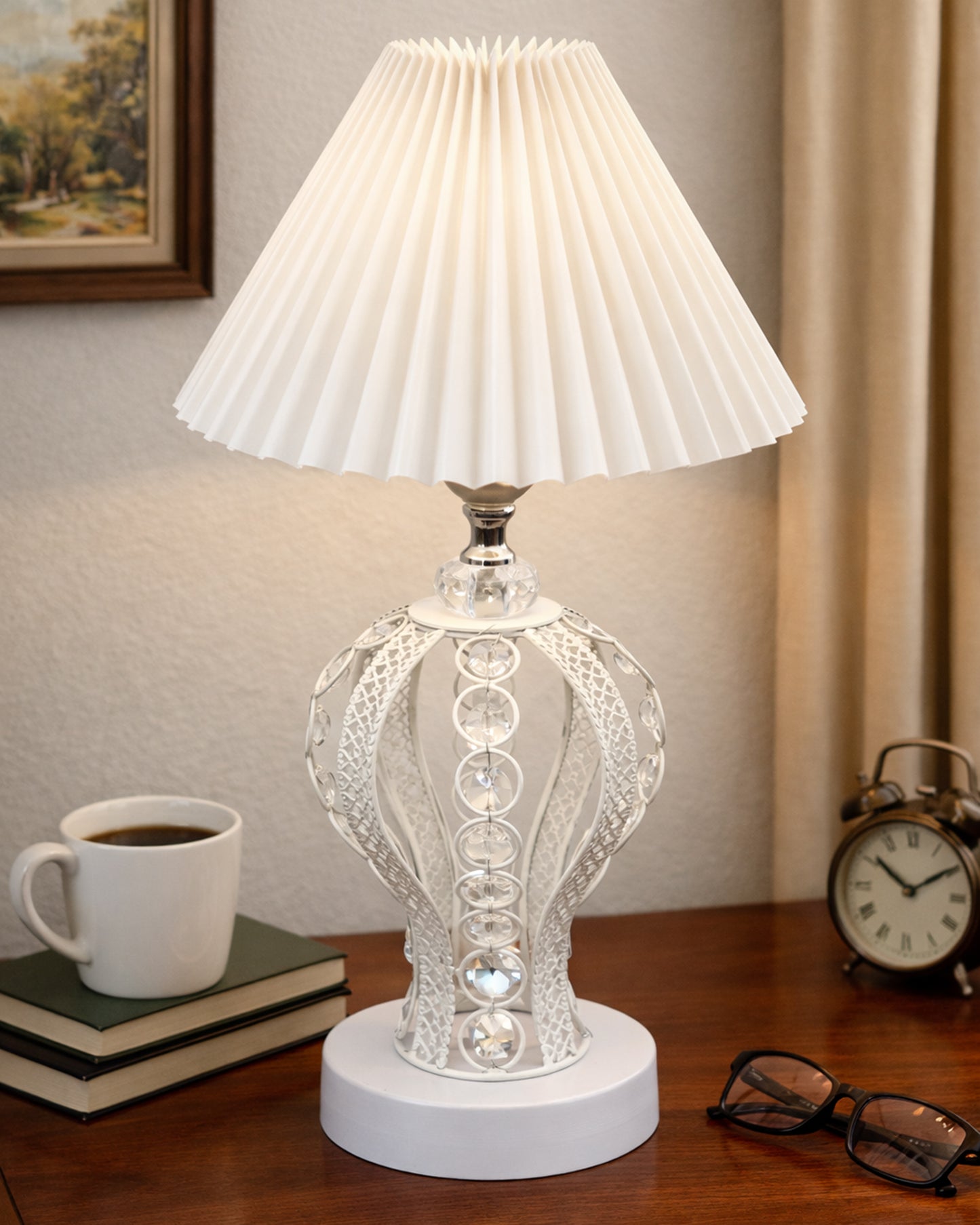Modern Round Small Crystal Table Lamp,Contemporary Bedroom Bedside Nightstand Lamp,Desk Globe Lamp for Living Room Girls Kids Room, Strippy Vase , Grey Pleated