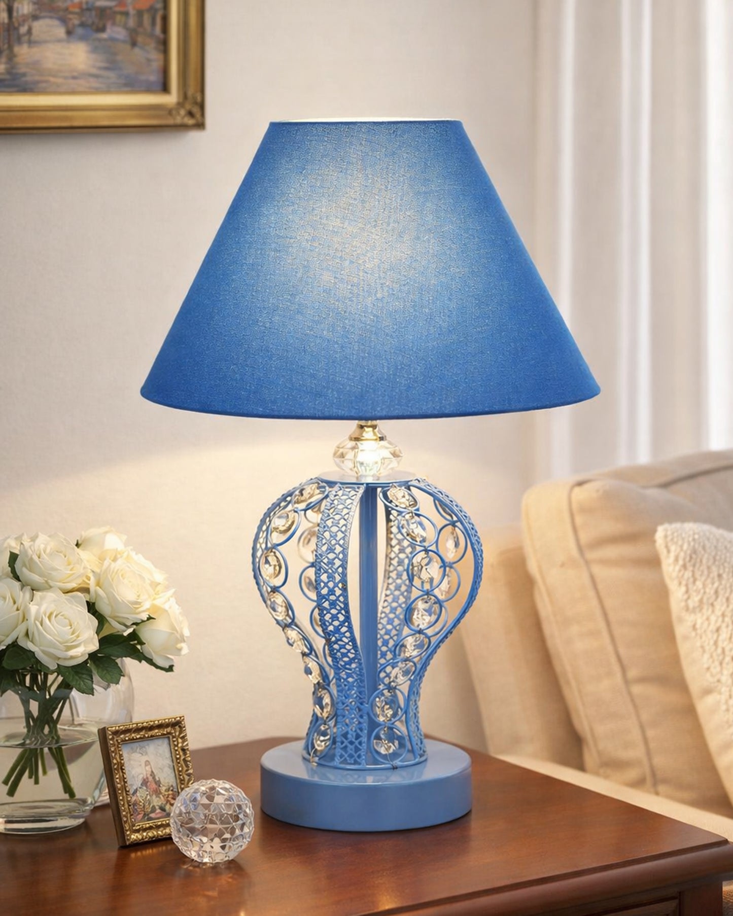 Modern Round Small Crystal Table Lamp,Contemporary Bedroom Bedside Nightstand Lamp,Desk Globe Lamp for Living Room Girls Kids Room, Strippy Vase , Grey Pleated
