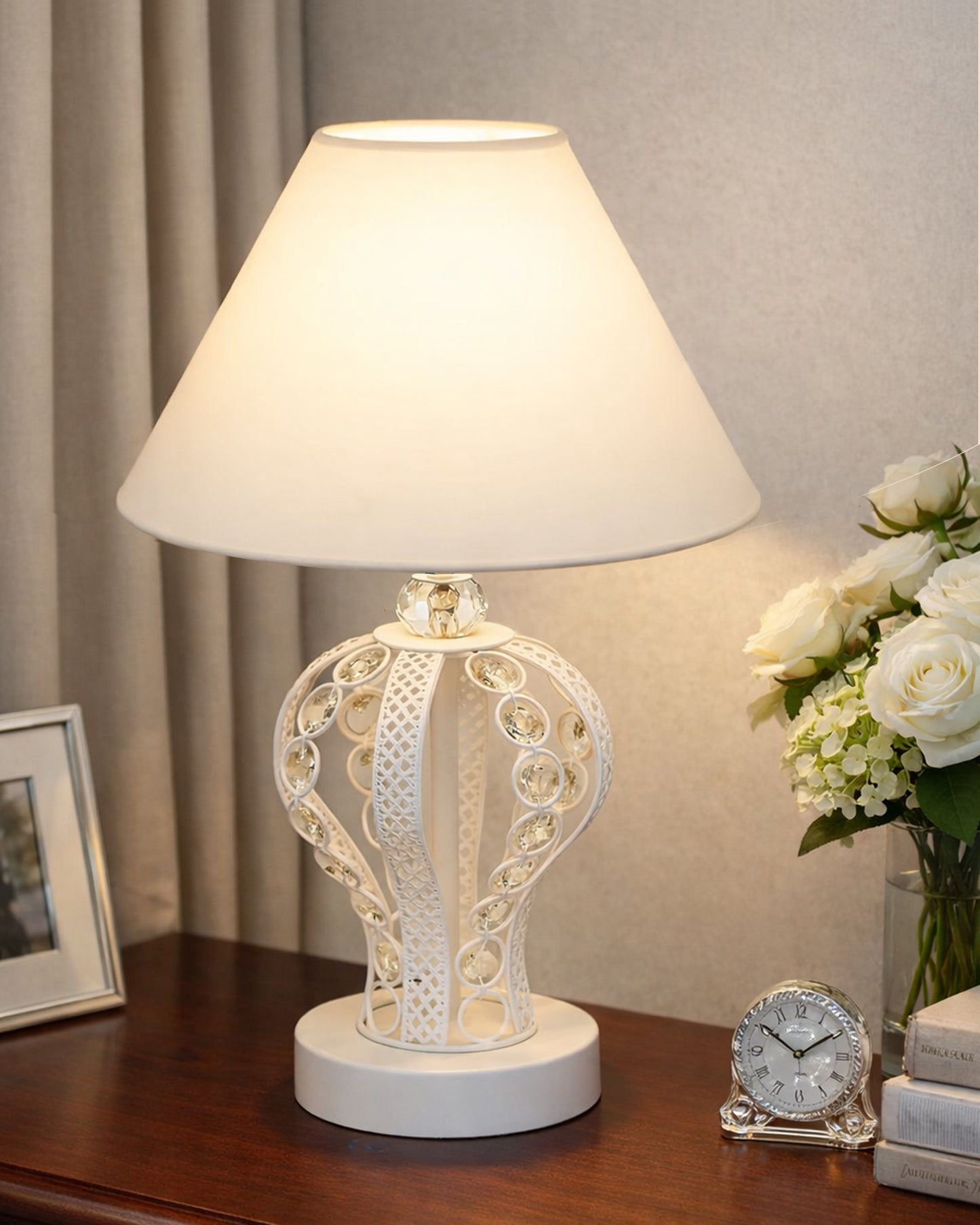 Modern Round Small Crystal Table Lamp,Contemporary Bedroom Bedside Nightstand Lamp,Desk Globe Lamp for Living Room Girls Kids Room, Strippy Vase , Grey Pleated