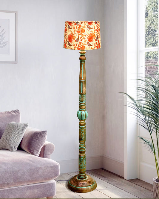 Royal Carving Antique Algae finish wooden floor lamp with Fabric Bird Shade