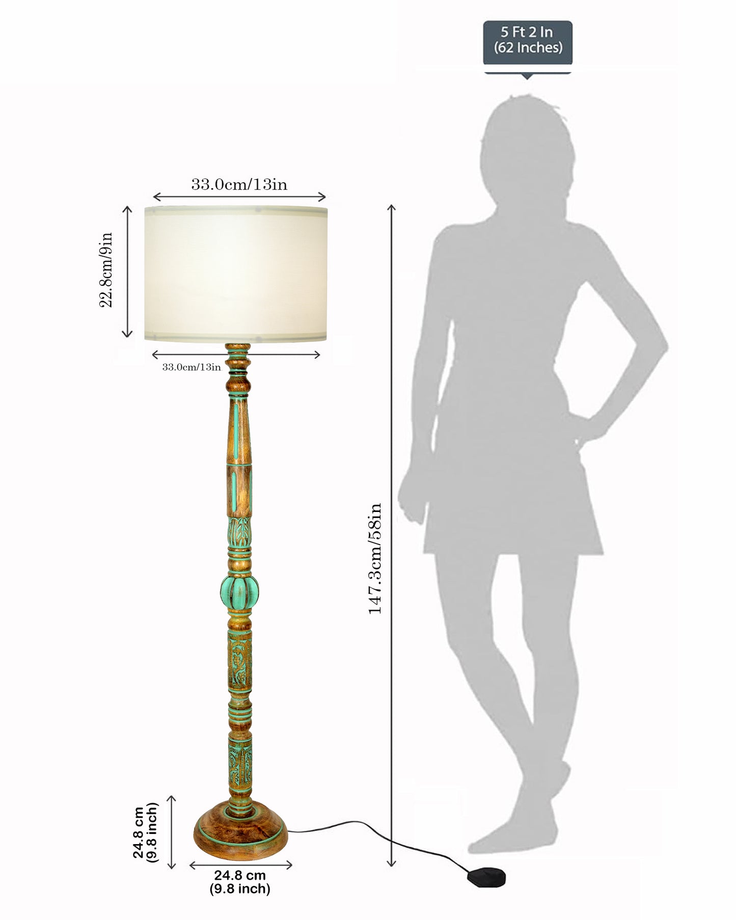 Royal Carving Antique Algae finish wooden floor lamp with Fabric Bird Shade for Beroom, Living room, corner standing lamp