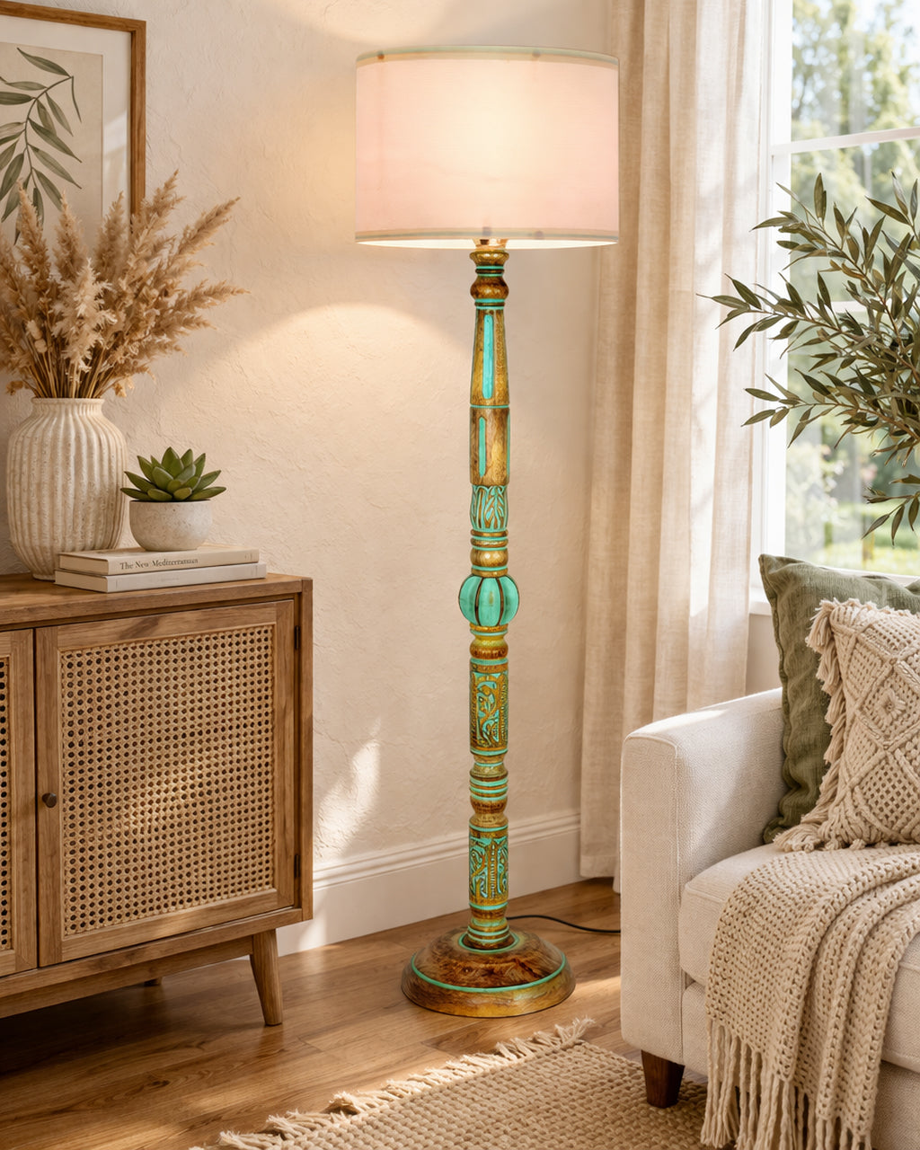 Royal Carving Antique Algae finish wooden floor lamp with Fabric Bird Shade for Beroom, Living room, corner standing lamp