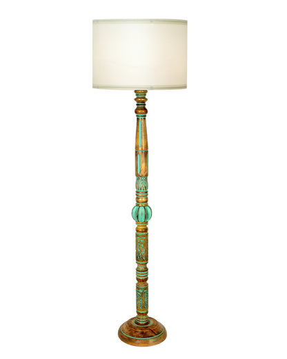 Royal Carving Antique Algae finish wooden floor lamp with Fabric Bird Shade for Beroom, Living room, corner standing lamp