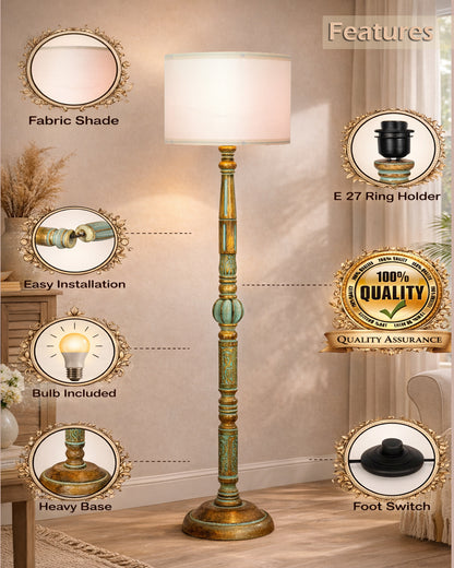 Royal Carving Antique Algae finish wooden floor lamp with Fabric Bird Shade for Beroom, Living room, corner standing lamp