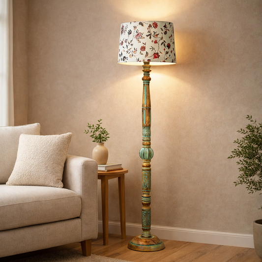 Royal Carving Antique Algae finish wooden floor lamp with Fabric Bird Shade